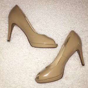 Cole Haan Nude Patent Leather Peep Toe Pumps